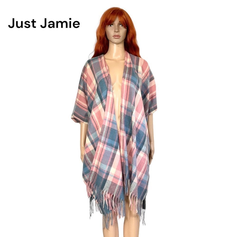 NEW Just Jamie blue pink plaid fringe kimono poncho vest OS
